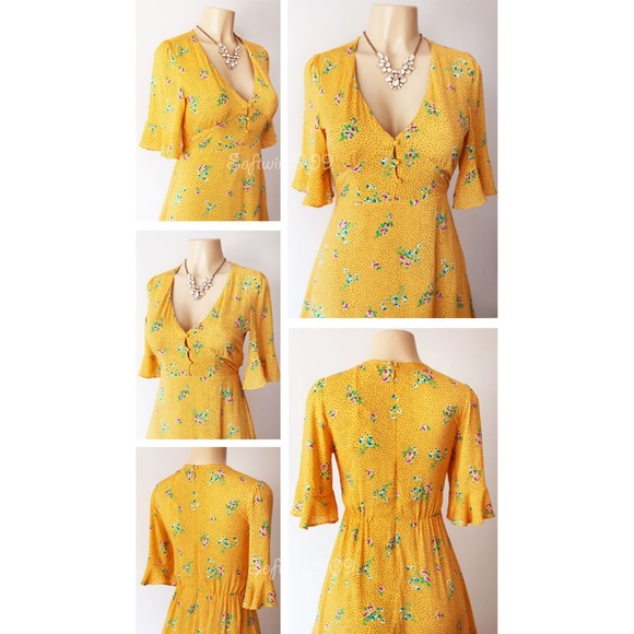 Last☝️Yellow Floral Button Front Ruffle Mini Dress - Picture 4 of 8
